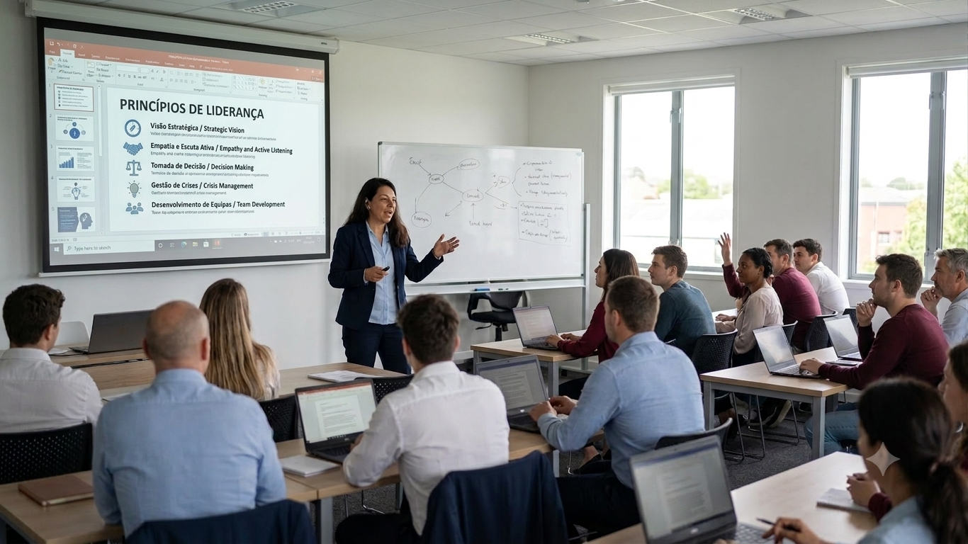 Formadora a apresentar um diapositivo sobre 'Princípios de Liderança' a um grupo de formandos numa sala de formação.
