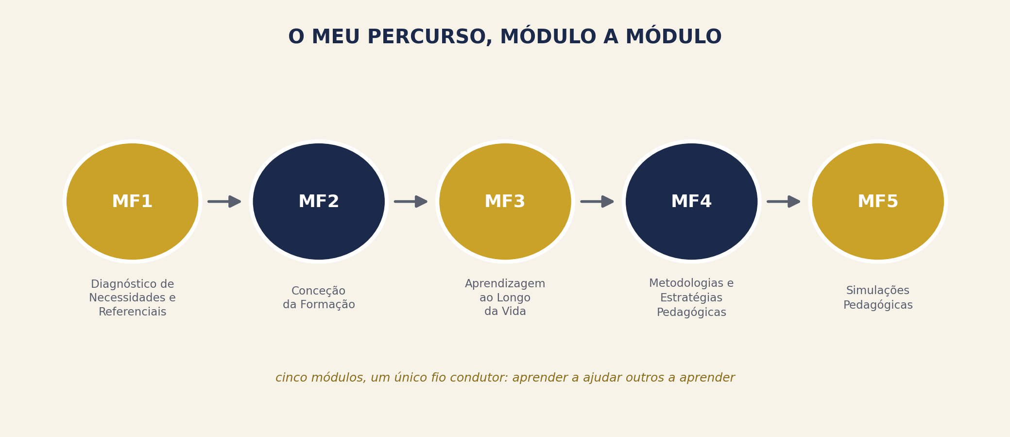 Os cinco módulos: MF1 Diagnóstico de Necessidades, MF2 Conceção da Formação, MF3 Aprendizagem ao Longo da Vida, MF4 Metodologias e Estratégias Pedagógicas, MF5 Simulações Pedagógicas.